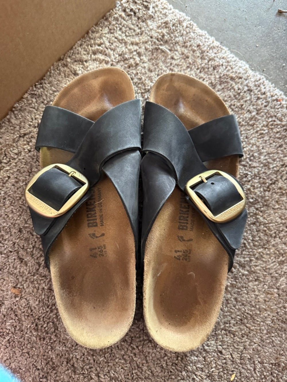 Birkenstock Black Leather Cross-Strap Slide with Gold Buckles women size 41